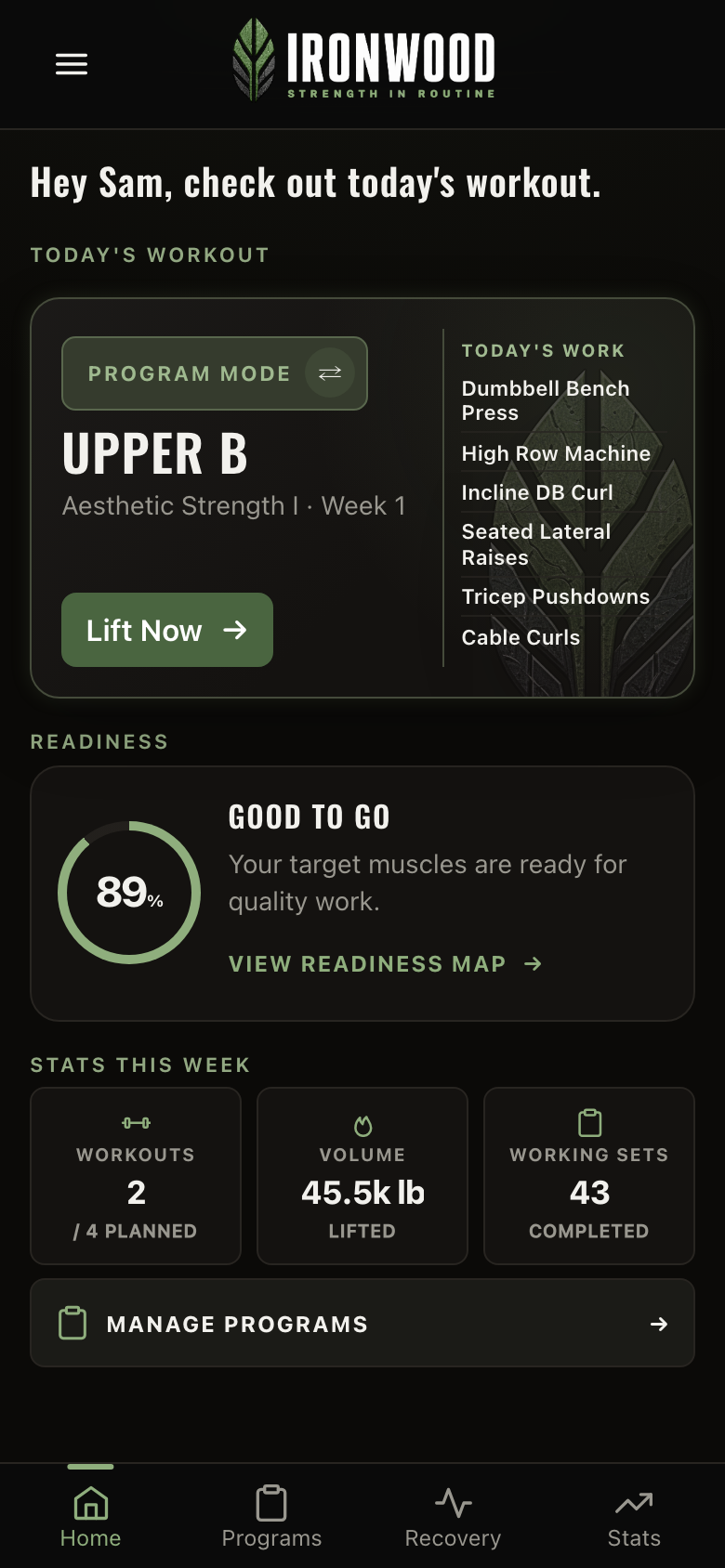 The Ironwood home screen showing today's workout ready to start.