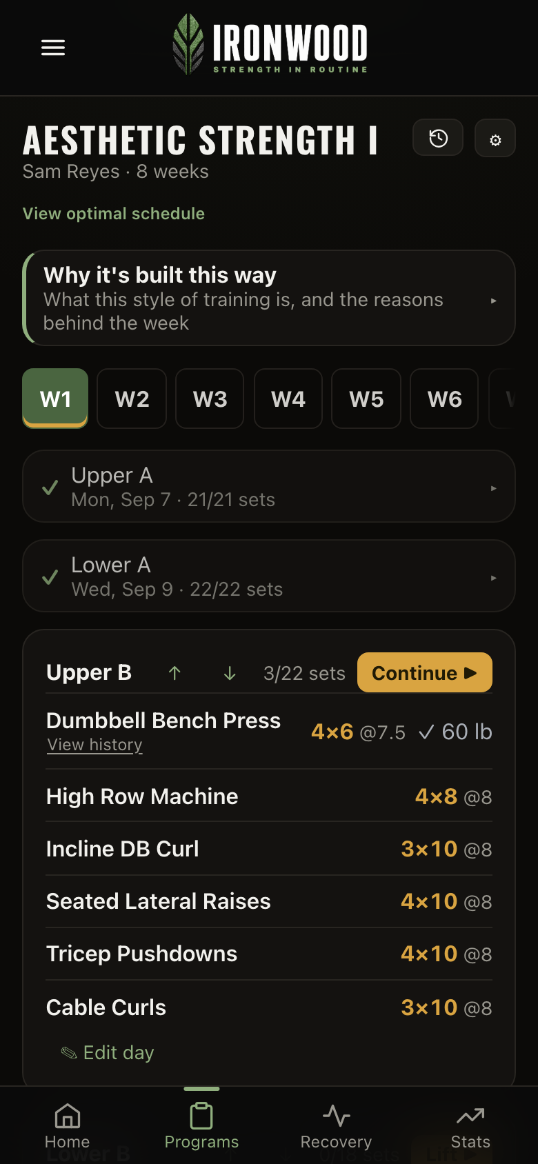 An Ironwood program page listing the weeks of a block and the sessions inside the current one.